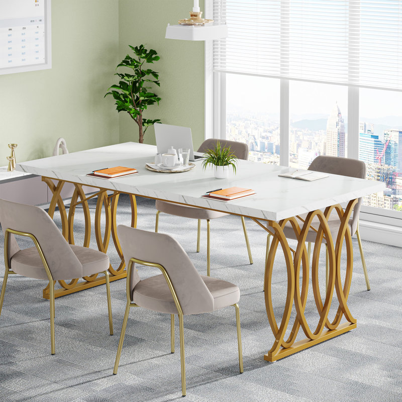 Executive Desk, 63" W Large Computer Desk, White Marble, Gold
