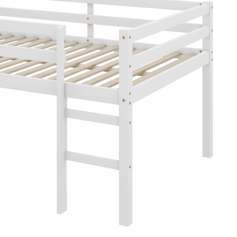 Structure de lit double, lit mezzanine court en bois d'hévéa avec marches, Blanc