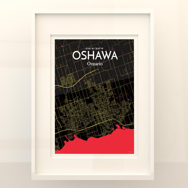 «Oshawa City Map», impression, Noir / rouge / jaune, H 24 po x l 18 po