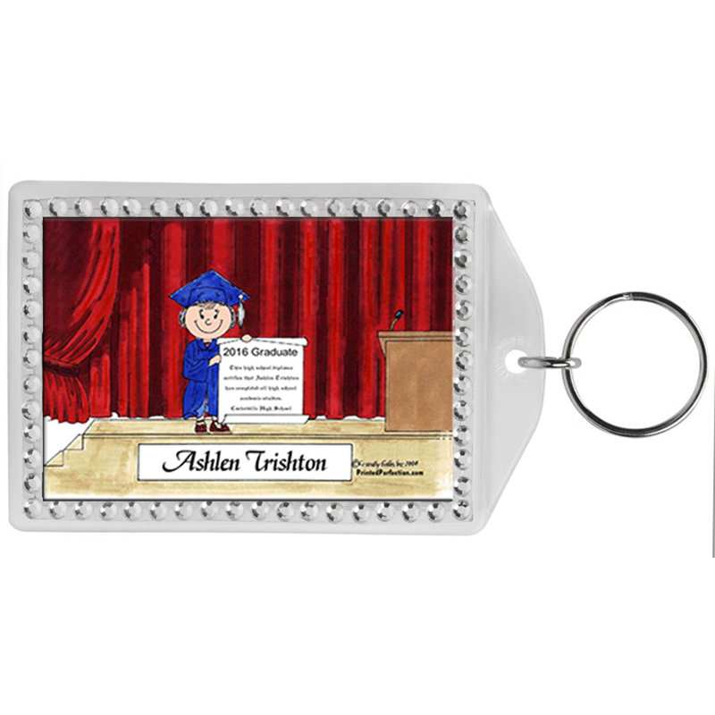 Remise de diplômes personnalisable - Porte-clés bordé de strass féminin, Bleu, Oui