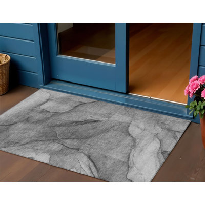 Tapis extérieur lavable abstrait gris argenté et gris anthracite 3 pi x 5 pi
