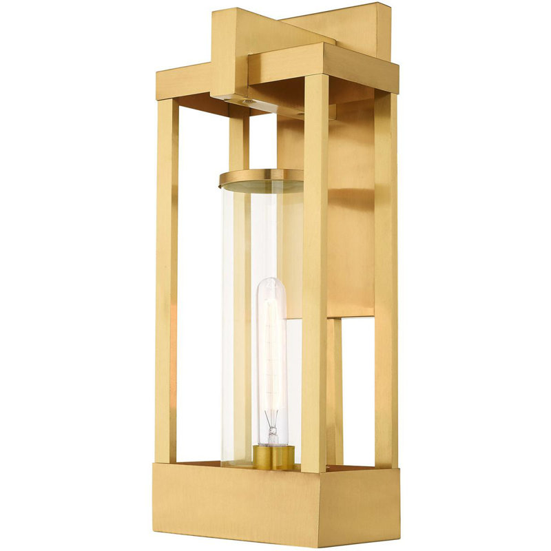 1 Light Outdoor Wall Lantern Pendant Fixture with Clear Glass Shade, 20" H x 8" W x 8" D,  Satin Brass