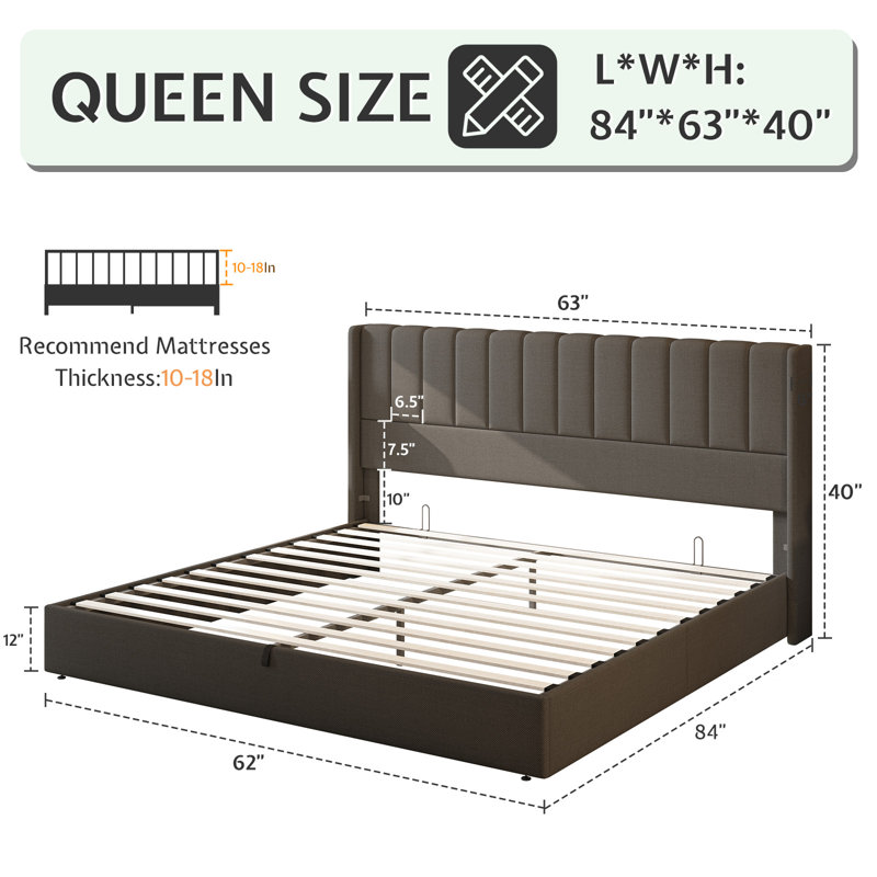 Modern Upholstered Platform Bed with Grid Tufted Headboard, Gray, Queen