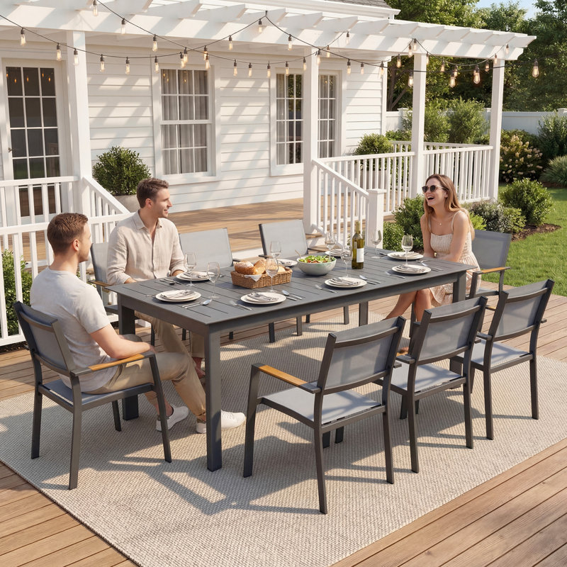  8-Person All-Aluminum Patio Dining Set with Extandable Rectangular Table