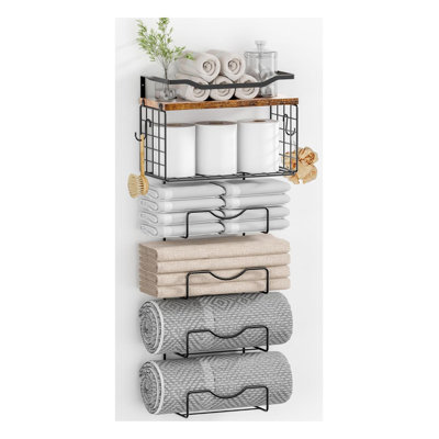 Porte-serviettes pour salle de bain, porte-serviettes mural, porte-serviettes roulé ou plié à 6 niveaux avec tablettes flottantes, porte-serviettes pour salle de bain, essuie-mains, métal et bois