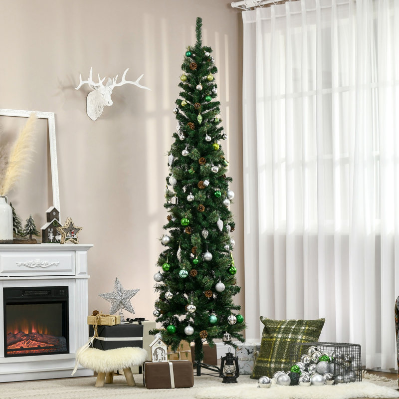 Arbre de Noël artificiel 7,5 pi, aiguilles de pin minces avec branches réalistes et pommes de pin, base en métal, vert