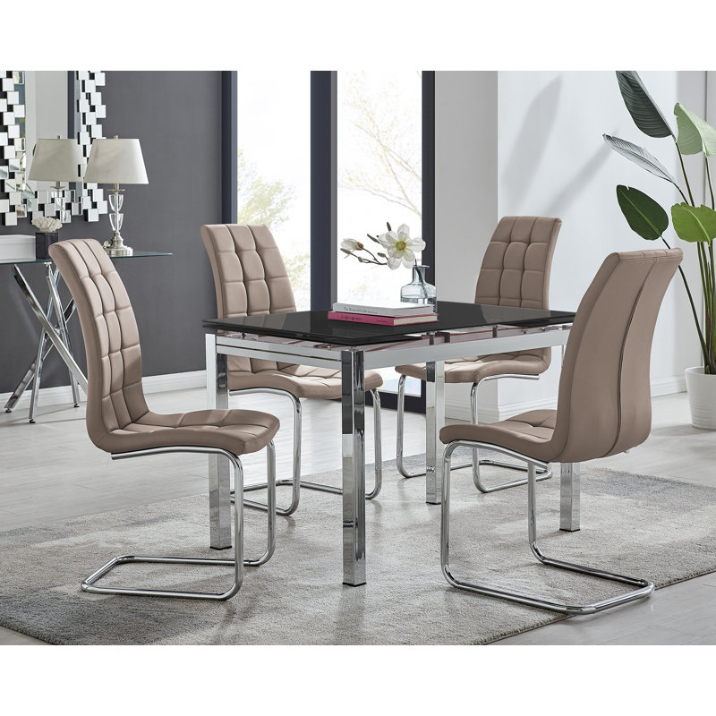 Tierra Modern Glass & Metal Extendable Dining Table Set & 4 Luxury Faux Leather Dining Chairs, Cappuccino