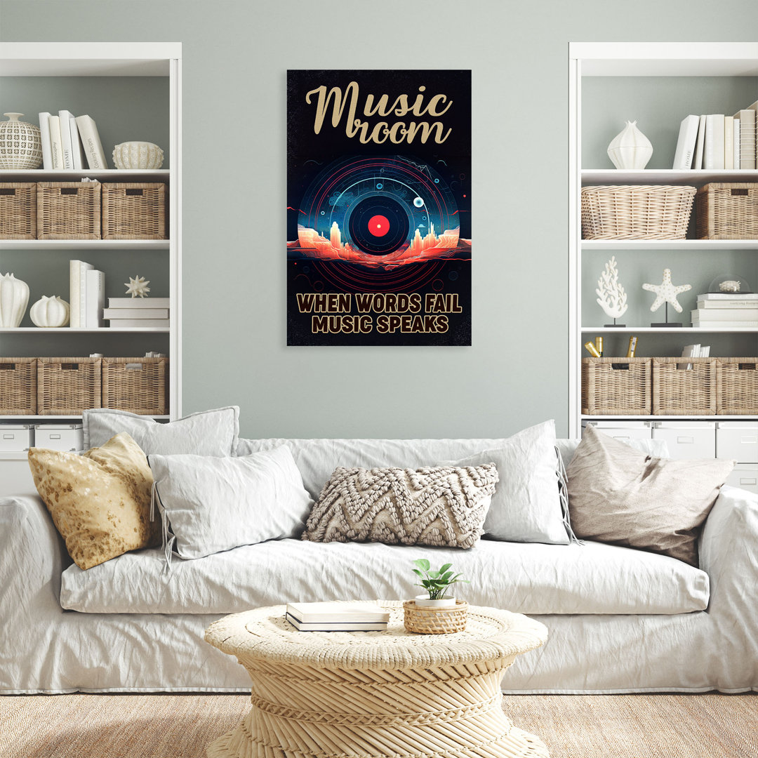 Vinyl Record In Music Room - When Words Fail Music Speaks Gallery Wrapped Canvas - Music Illustration Decor, Black And Pink Bedroom Decor Trinx 