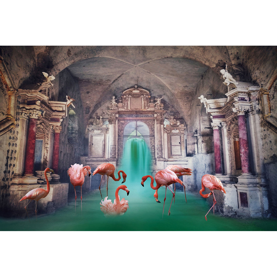 Bathing Flamingos - Ungerahmte Grafikkunst auf Glas