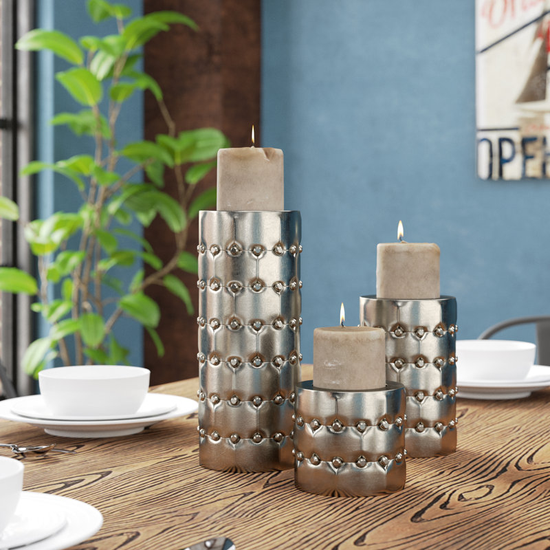 Metal Handmade Pillar Decorative Silver Candle Holder with Studs Set