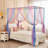 Rainbow Bed Canopy For Girls Kids, 4 Corner Post Princess Twin Canopy Bed Curtains With DIY Star Stickers For Bedroom Decor