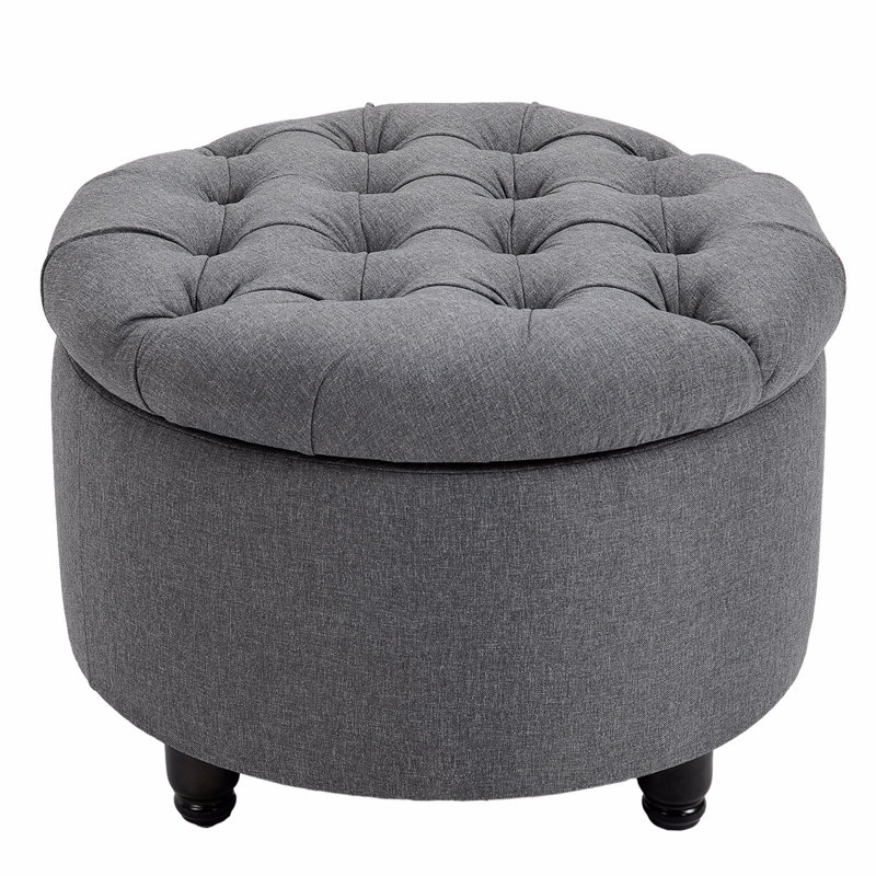 Round Linen-Touch Fabric Storage Footstool Ottoman Button Tufted Footrest With Removable Lid