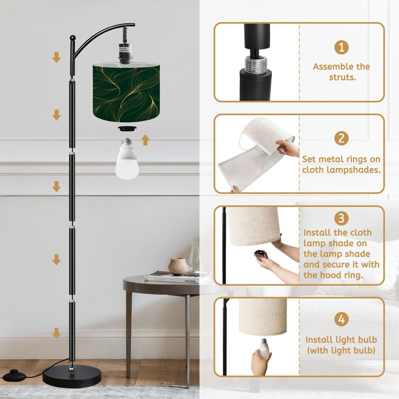  Arc Floor Lamp Luxury golden emerald Abstract gold line arts Tall Modern Standing Lamp LED Adjustable Linen Lampshade 3 Color Temperatures