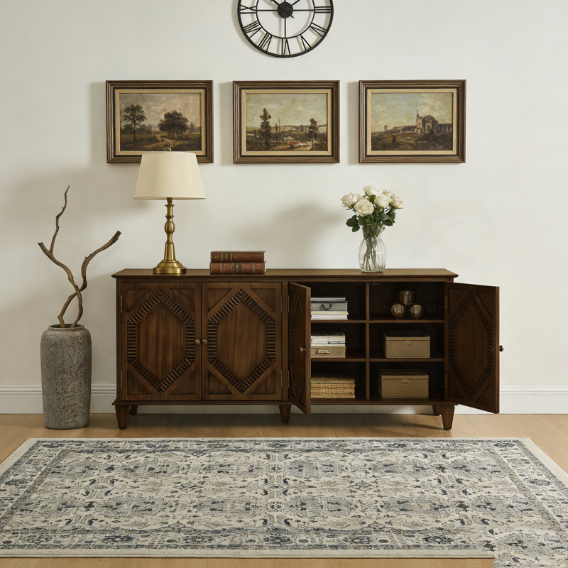 Rosalind 65.2" Mid Century Modern Sideboard With 4 Hand-Carved Doors, Walnut