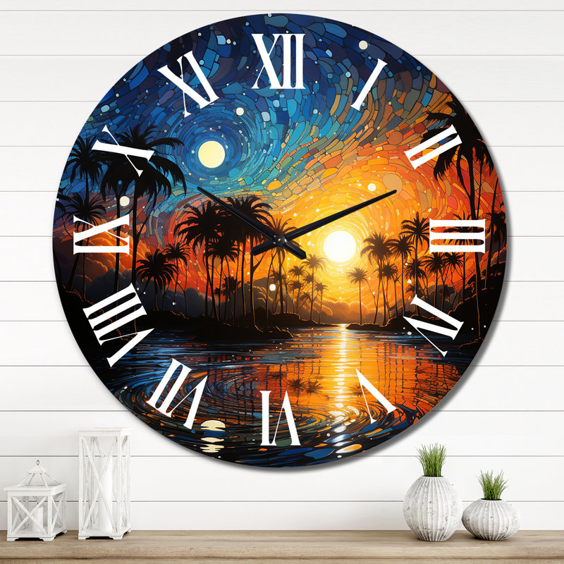 Horloge murale palmiers - pointillisme tropical I, Très grand
