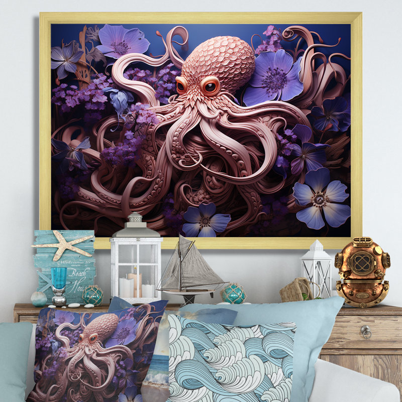 Mauve oasis de pieuvre II - art mural animaux côtiers, Cadre doré à coins fermés, H 24 po x l 32 po x P 1 po