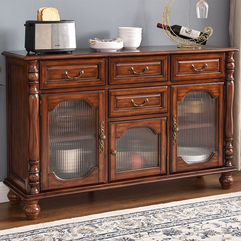 Buffet en bois massif brun noisette, H 34,65 po x l 62,99 po x P 15,35 po, Brun noyer