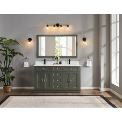  Meuble-lavabo double 60 po en bois massif avec plateau en marbre d'ingénierie 1 po