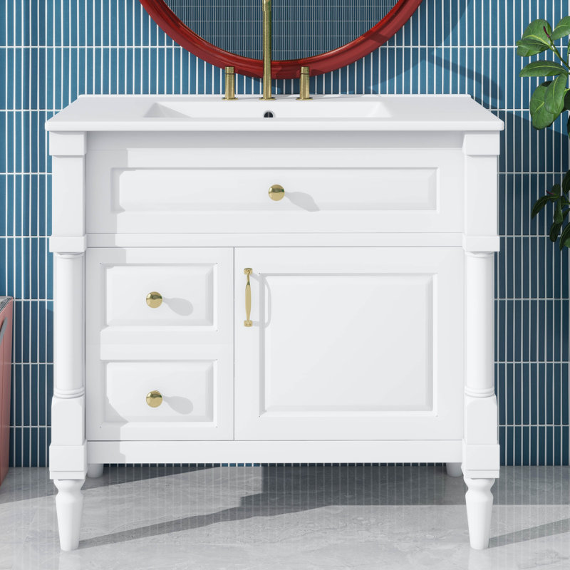 Meuble-lavabo 36 po, lavabo en céramique, tiroir rabattable, tablette réglable et fabrication en bois d'hévéa / panneau de fibres à densité moyenne avec poignées en métal