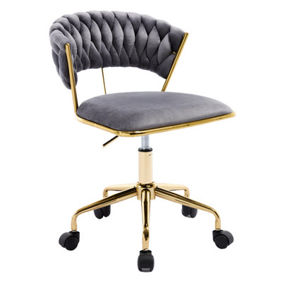 Home Office Chair, Velvet Upholstered Task Chair With Woven Open Back, 360° Swivel Desk Chair With Wheels, Adjustable Vanity Chair, Computer Chair For Office, Studio