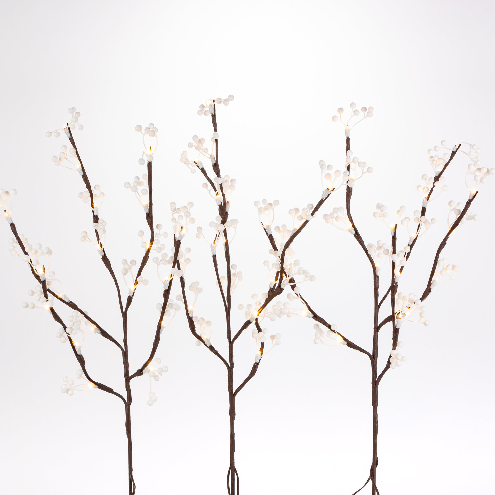 Set Of 3 Brown Branches With White Berries And Warm White Leds