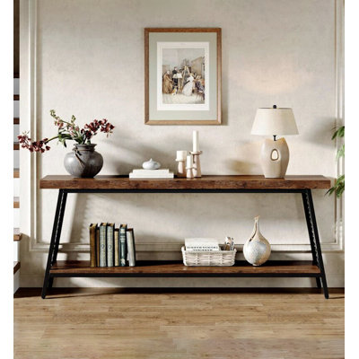 Farmhouse Industrial Style Wood‑Grain Board & Iron Console Table, Open‑Shelf Narrow Hallway Display Table