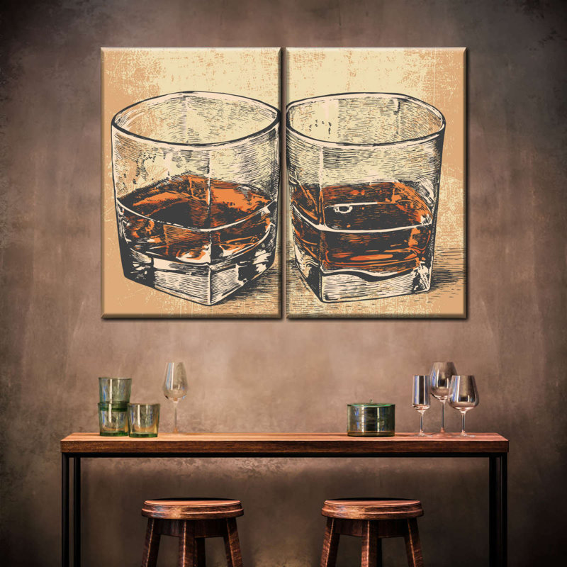 Ensemble de 2 verres à whisky rétro sur toile, H 36 po x l 49 po x P 1,25 po