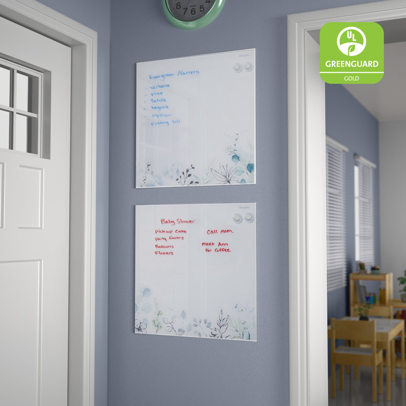 ECR4Kids MessageStor Magnetic Dry-Erase Glass Board with Magnets, 17.5in x 17.5in, Wall-Mounted Whiteboard, Botanical, 2-Pack