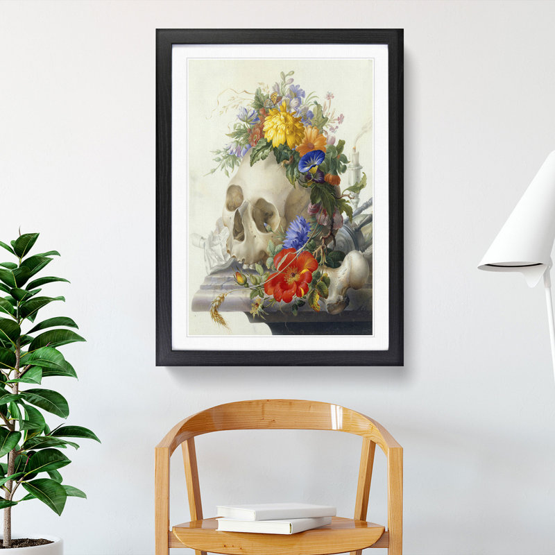 Skull with Flowers Vol.2 by Herman Henstenburgh - Picture Frame Painting, 36cm H x 27cm W x 2cm D, Black Framed