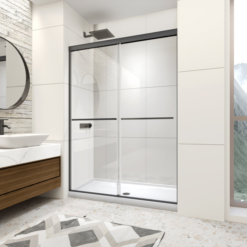 Porte de douche double avec cadre 50 x 54 po x H 70 po avec porte en verre trempé transparent de 1/4 po (6 mm), 2 barres à serviettes pour salle de bain, portes de douche à finition noir mat, installation réversible