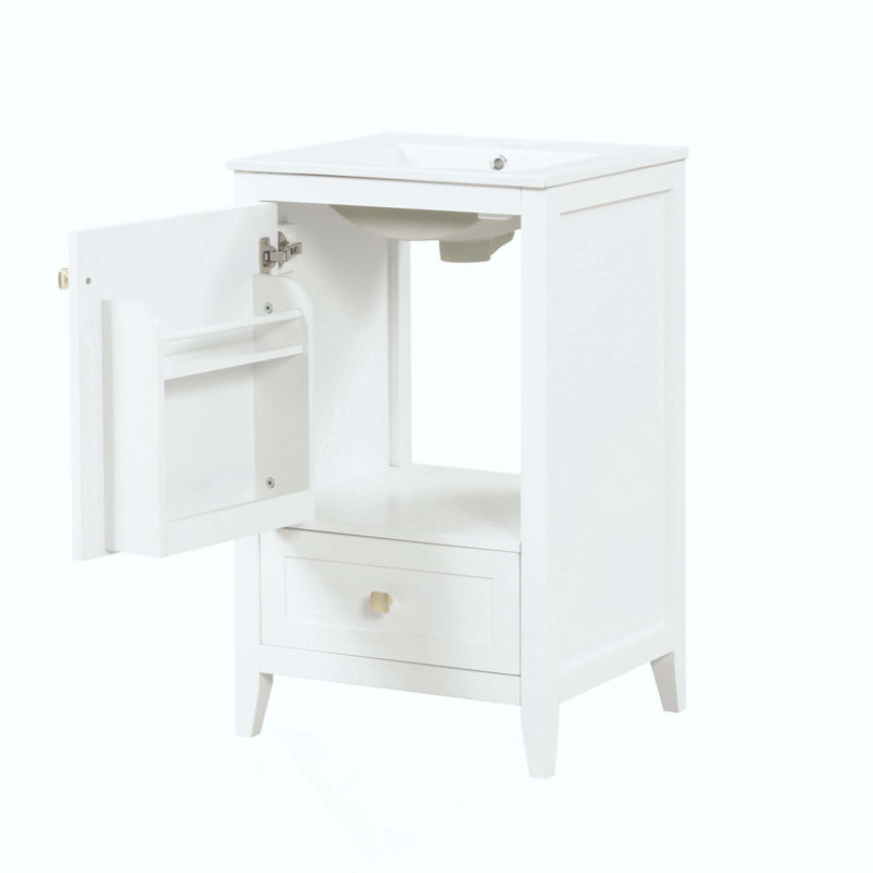 Meuble-lavabo avec lavabo, armoire de salle de bain avec porte à fermeture douce, support de rangement et tiroir, Blanc
