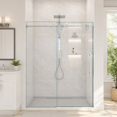 Porte de douche coulissante simple sans cadre - verre trempé transparent de 5/16 po (8 mm), conception à dérivation