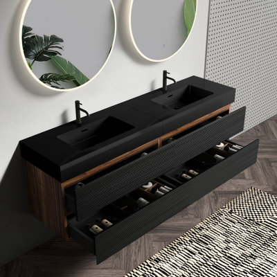 Meuble-lavabo mural de 72 pouces avec lavabo en quartz d'ingénierie noir mat, tiroirs souples, lavabos doubles, quatre grilles uniques, combinaison de couleurs noyer, panneaux de qualité E1, laque E0,