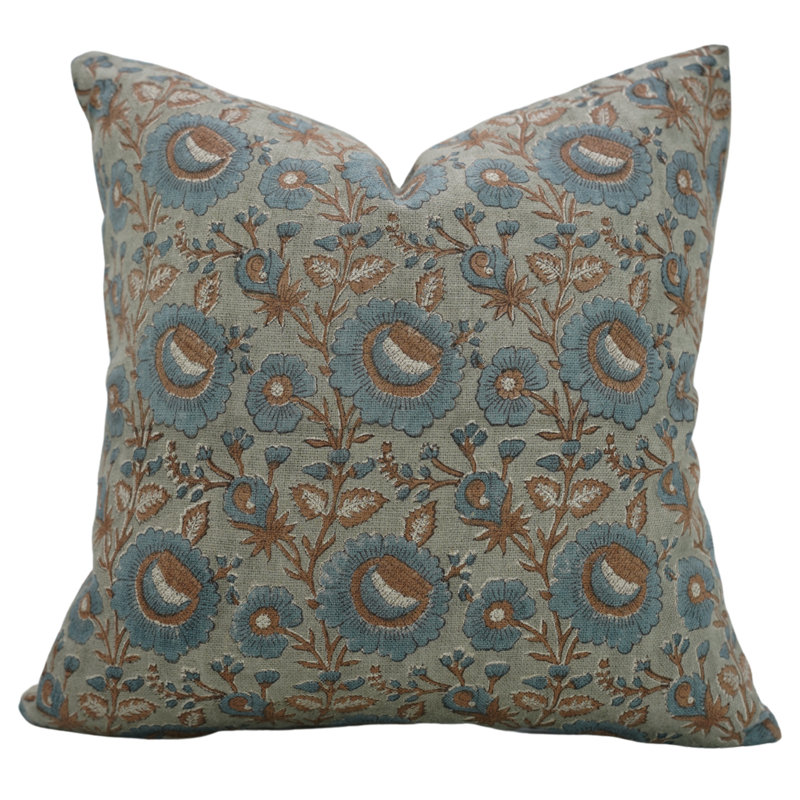 Coussin à motif de fleurs fabriqué à la main Fabividine, Imprimé bloc bleu / floral, Carré 14 po