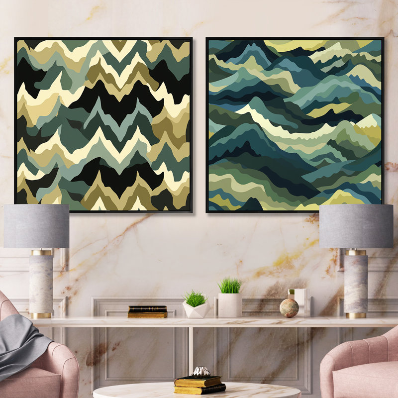 Camouflage Green And Brown Wave - Abstract Square Collage Set Of 2, Black Floater Framed, 16" H x 33" W