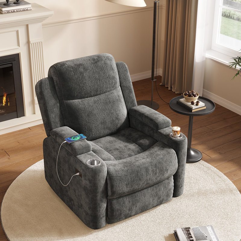 34.84" Wide Soft Chenille Power Recliner Chair with Swivel Function, Double Cup Holders and USB, Type-C Ports, Gray