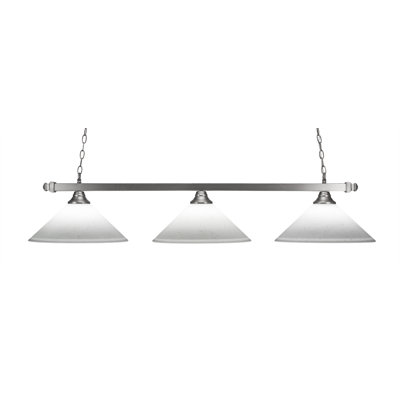 Barre carrée à 3 lumières montrée en finition nickel brossé avec verre mousseline blanc de 16 po