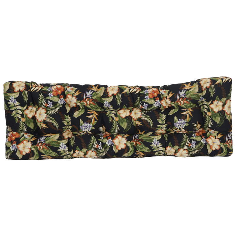 Tufted Outdoor Bench Cushion, 55" W x 19" D, Green/Black/Freeport Ebony Floral