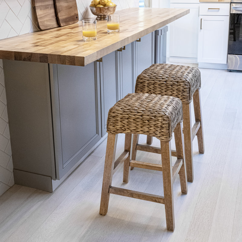 Maui Coastal 26" Woven Water Hyacinth Backless Counter Stool, Solid Mango Wood Frame with Integrated Footrest for Kitchen Island, Brown Wash