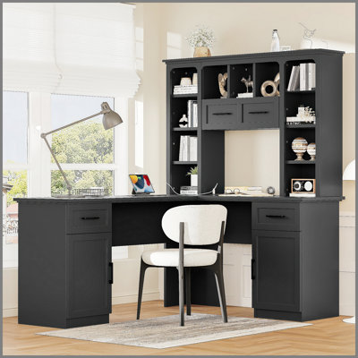 Bureau d'ordinateur en L avec 2 armoires et 2 tiroirs sous la table, 11 tablettes ouvertes et une tablette rabattable avec rangement sur le côté droit, convenant pour le bureau, le salon et le bureau, noir
