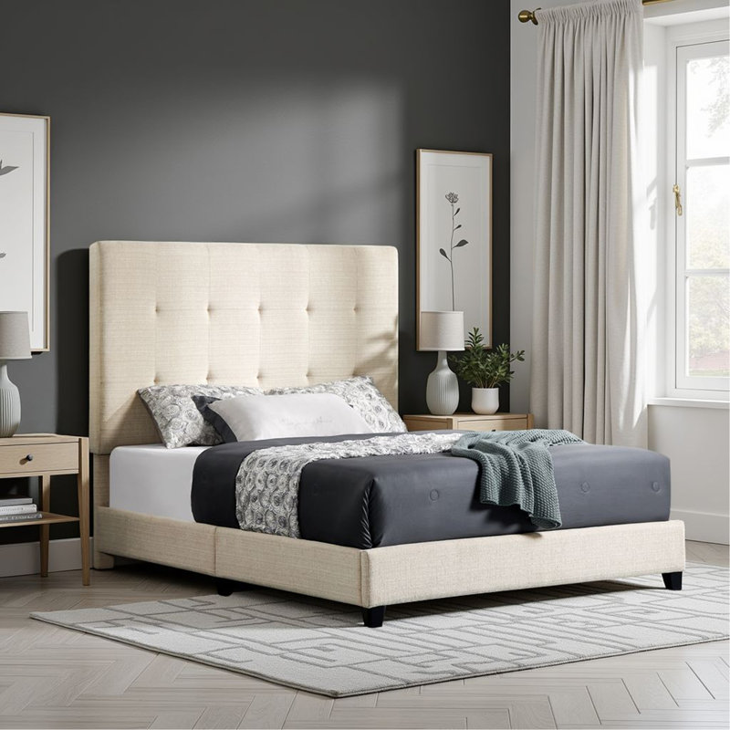 Grand lit plateforme tapissier capitonné beige, Beige