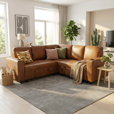 Quarrystone L-Shape Sectional Sofa Bed with Pull-Out Sleeper & Hidden Storage, Foil Fabric Convertible Couch with Cup Holders & Side Pockets, Mid-Century Modern Sleeper Sofa for Living Room