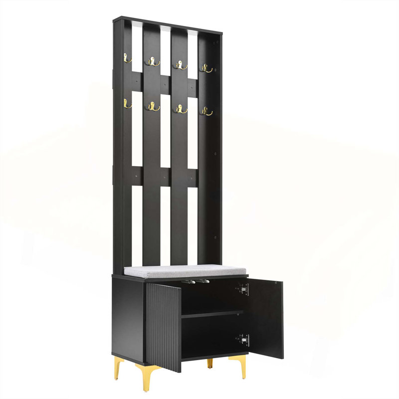 Modern Luxury 4-in-1 Hall Tree with Cushion, Versatile Coat Rack with 8 Hooks and Adjustable Shelves for Entryway, Black