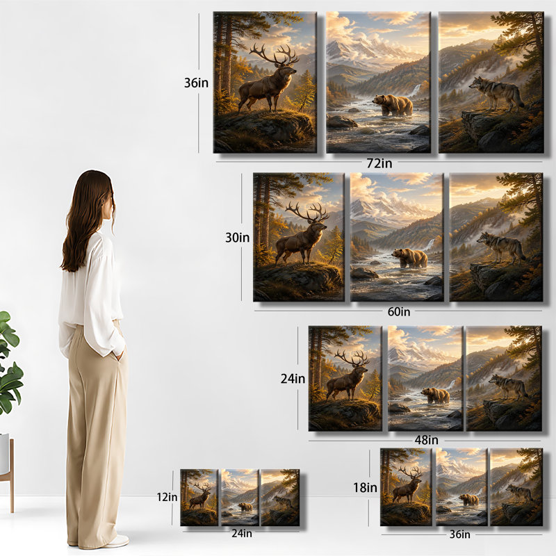 «Stag Brown Bear Wolf Snow Mountain River Autumn Forest», impression sur toile tendue 3 pièces, H 18 po x l 36 po x P 1 po