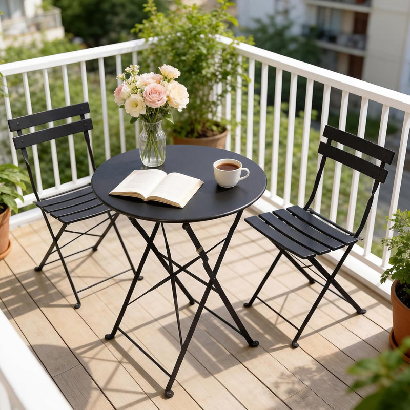 Ensemble bistro 3 pièces, conception pliante peu encombrante, acier massif, ensemble de mobilier d'extérieur avec 2 chaises, table bistro
