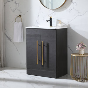 Kwamain 24" Modern Black Free-standing Single Bathroom Vanity With Ceramic Top