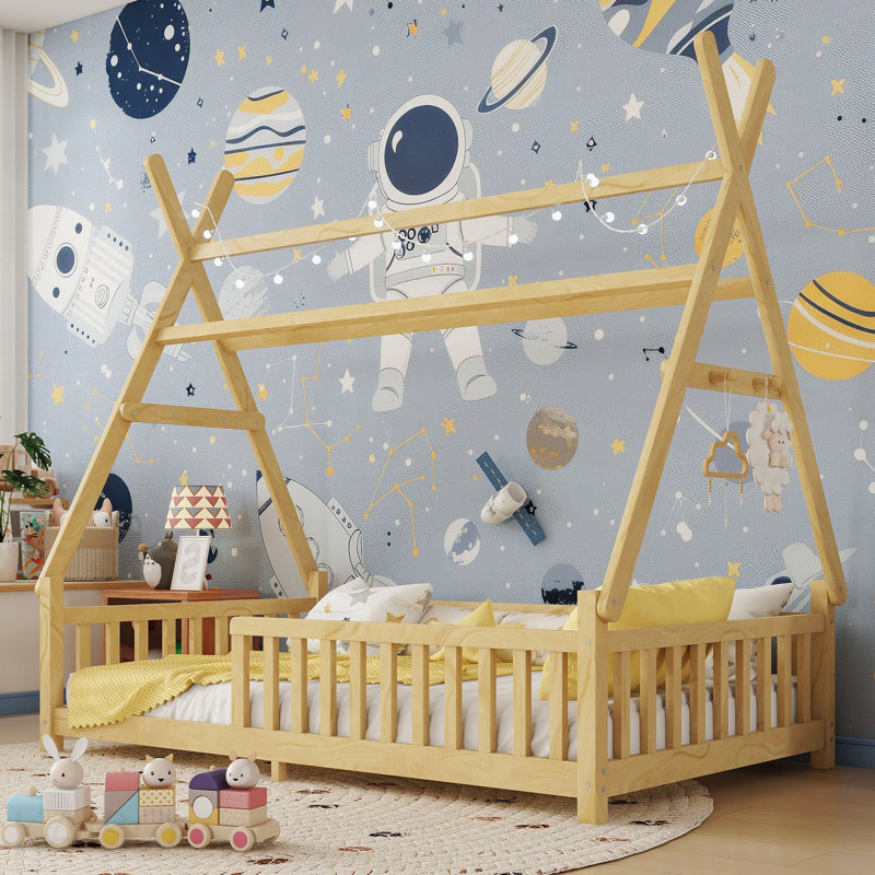 Lit simple simple avec lumière, lit surélevé avec clôture et toit pour enfants, garçons, filles, naturel, Natural