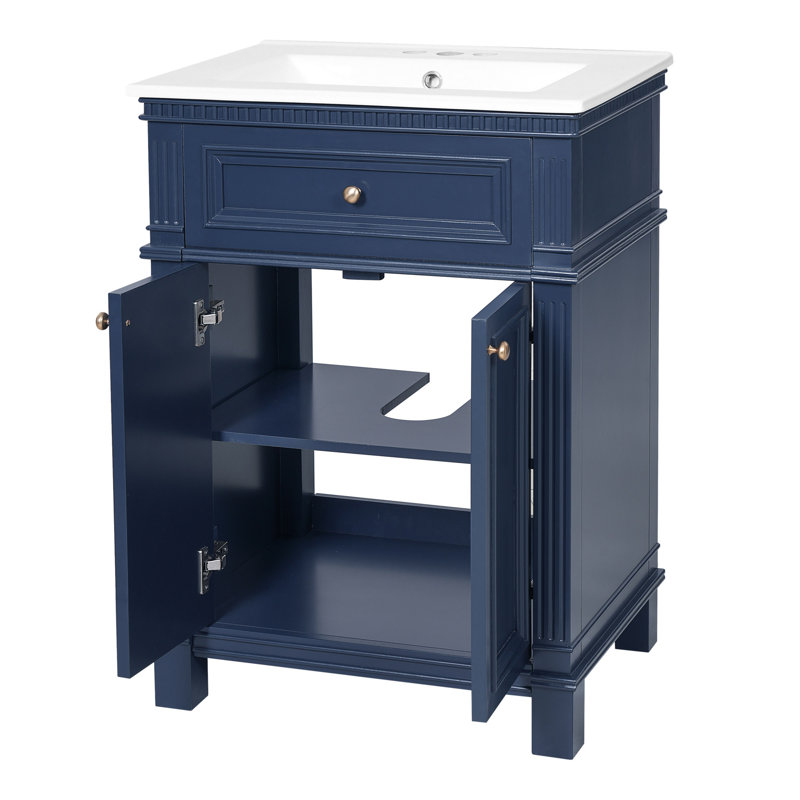 Armoire de salle de bain 24 po avec portes à fermeture douce et tablette réglable, meuble-lavabo avec lavabo en céramique