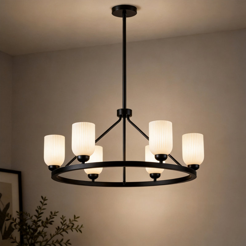 Lustre en roue de chariot à 6 lumières, Noir mat, H 13 po x l 30 po x P 30 po