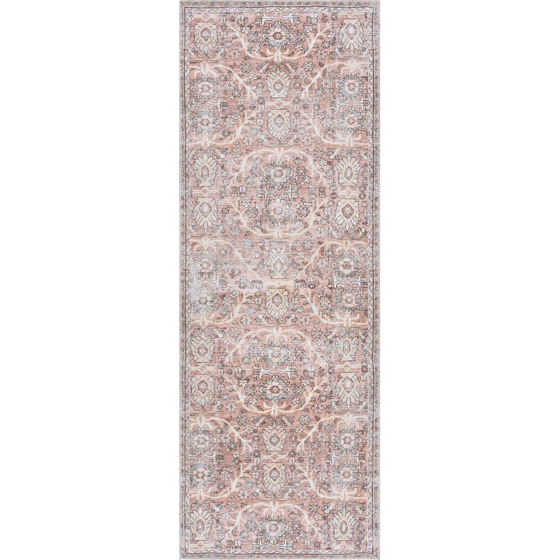 Tapis oriental rectangulaire en polyester tissé à la machine en brun, Tapis de couloir 2 pi 7 po x 7 pi 3 po